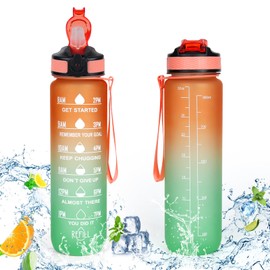 VECH Water Bottle,32oz Motivational Sports Water Bottle with Time Markings & Carry Strap,BPA Free Leakproof for Fitness and Outdoor (RedGreen)