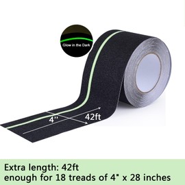 Leyibo Anti Slip Tape with Glow in Dark Stripe for Stairs, 4”x42ft, Grip Tape for Stairs Steps for Outdoor/Indoor, Waterproof Non Slip Strips for Stair Treads, High Traction, Easy Install