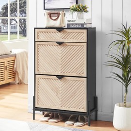 HUSHEDIFY Shoe Cabinet Storage with 2 Flip Drawers, Narrow Hidden Shoes Organizer Cabinet for Entryway, Freestanding Slim Shoe Rack Front Door Entrance(Oak&Black)