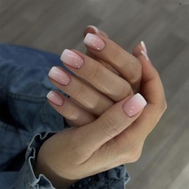 24pcs French False Nails Short, Press on Nails Pink Gradient Stick on Nails, Glossy Removable Acrylic Full Cover Stick on Nails Fake Nails with Glue for Women and Girls