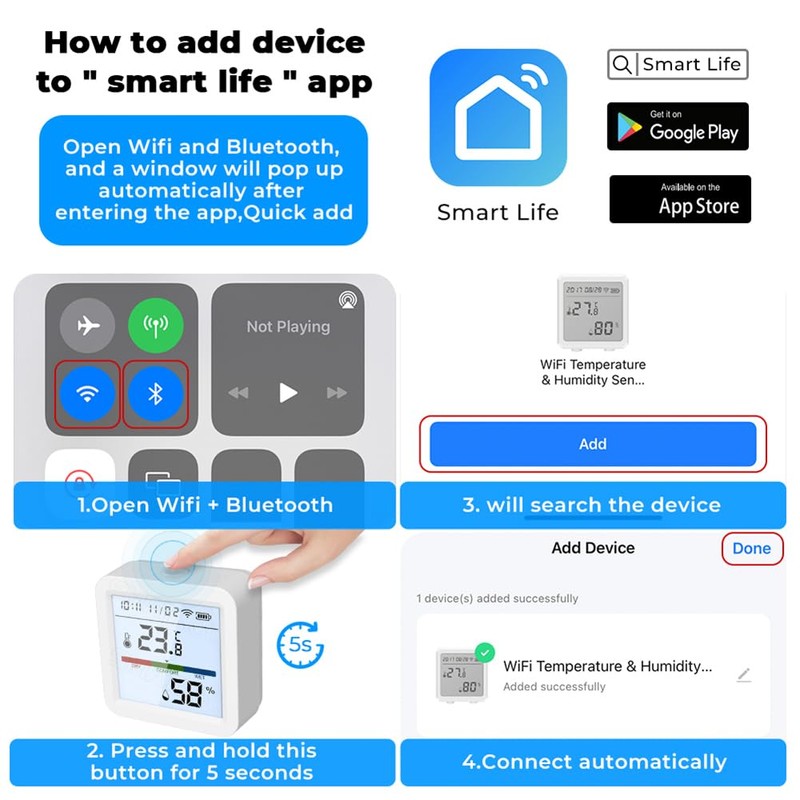 WiFi Hygrometer Thermometer, Indoor Tuya Wireless Smart Temperature and Humidity