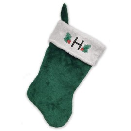 HARD EDGE DESIGN Embroidered Initial Christmas Stocking, Green and White Plush, Initial H