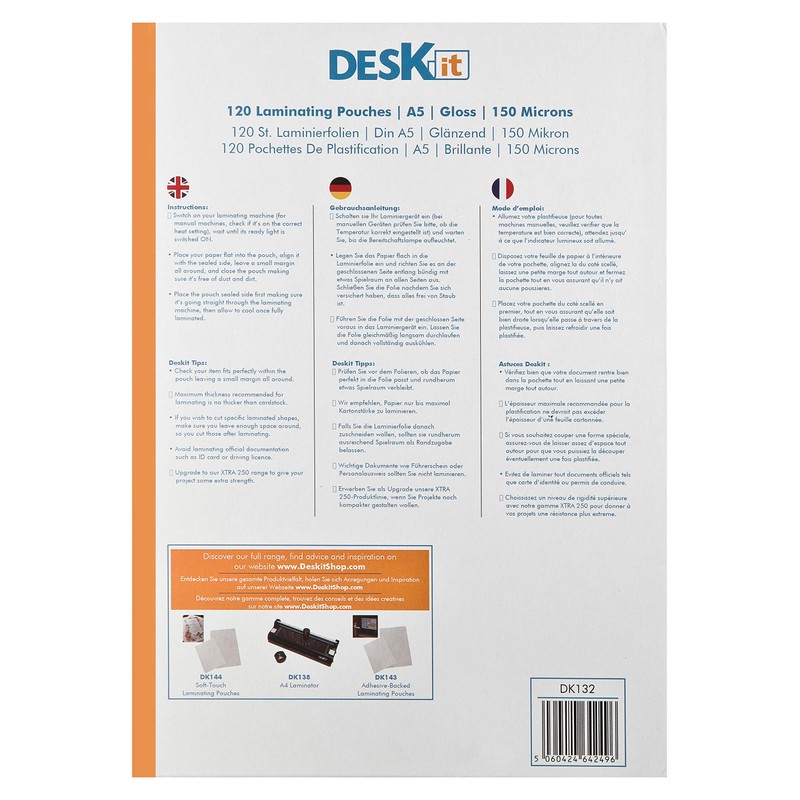 Deskit A5 Laminating Pouches, Gloss, 120 Sheets, 150 Microns- Clear