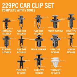 229-Piece Car Clips Set with Tools - Assorted Trim Clips, Expansion Bumper Clips, and 5 Removal Tools for Car Body and Interior Fittings