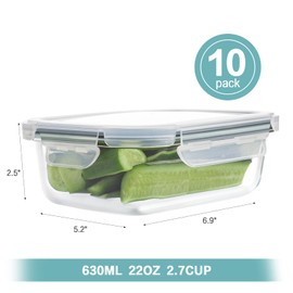 HOMBERKING 10 Pack Glass Meal Prep Containers, Glass Food Storage Containers with Lids, Airtight Glass Lunch Bento Boxes, BPA-Free & Leak Proof (10 lids & 10 Containers) - Grey