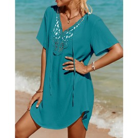 SimpleFun Women Swimsuit Coverup V Neck Chiffon Bathing Suit Cover Up Flowy Swim Bikini Beach Dress Cover Ups Vacation Teal L