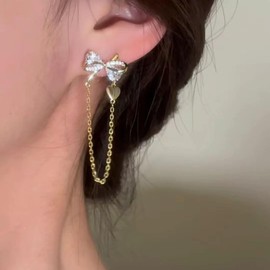 Yheakne Vintage Crystal Bow Stud Earrings Long Chain Tassel Drop Earrings Gold Cz Bowknot Earrings Rhinestone Bow Tassel Earrings Jewelry for Women