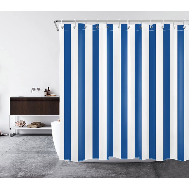 LB Blue and White Striped Fabric Shower Curtain for Bathroom