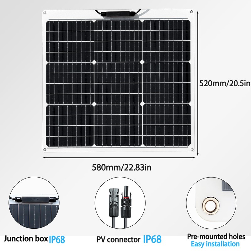 Flexible Solar Panel 50W 12V Monocrystalline Module Fiberglass Lightweight Charge