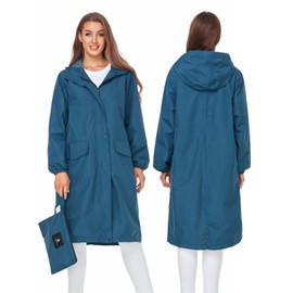 SaphiRose Womens Long Hooded Rain Jacket Waterproof Lightweight Raincoat Windbreaker Deep Blue Medium