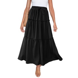 HERBATOMIA Women’s Long Flowy Tiered Skirt A-Line Ruffle Black Drawstring Elastic High Waisted Swing Trendy Maxi Skirts for Women with Pockets