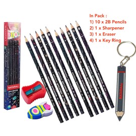 Nataraj Pencils For Children | Kids Writing Pencils | Spacekids | BLACK Lead | Pack of 10 | Wood Cased | Rubber Tip Pencils | Sharpener | + FREE Key Ring