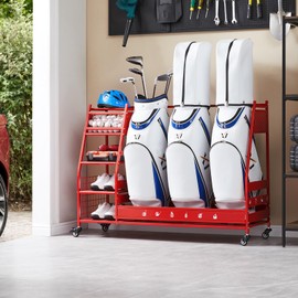 Lauren&Harold 3 Golf Bag Organizer Garage Storage, Golf Storage Rack Stand Fits 3 Golf Bags, Golf Clubs and Other Golfing Equipment Accessories, Large Golf Organizer for Garage, Club, Basement, Red