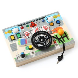 Youuys Montessori Busy Board Kinder mit simuliertem Lenkrad und LED-Lichtschaltern - Holzschalttafel für Kleinkinder Busy Board- Board Geschenk für Jungen und Mädchen