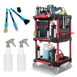 3-Tier Car Detailing Cart – Heavy-Duty Auto Detailing Tool Cart with 2 Tool Boards, 16 Hooks & Lockable Wheels, 440 lbs Capacity (Red & Black)