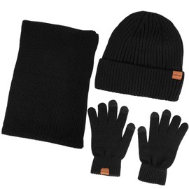 FVXYnnv Winter Beanie Hat Scarf Gloves Combination Set - Fleece Lining Knitted Hat, Warm Touchscreen Gloves, Soft Long Scarf for Men and Women, black