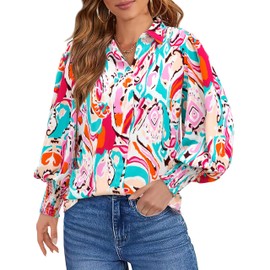 Okiwam Womens Casual V Neck Boho Blouse Long Puff Sleeve Floral Print Chiffon Shirts Colorful Summer Fall Tops 2024