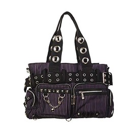 Lost Queen Striped Punk Rock Steampunk Purse with Handcuff Skull Charm (Solid Black)
