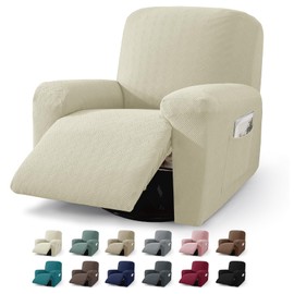 JIVINER 3 Piece Recliner Chair Cover Stretch Lazy Boy Non Slip Covers for Recliner with Pockets Soft Jacquard Reclining Sofa Slipcovers Furniture Protector with Elastic Bottom (1 Seater, Beige)