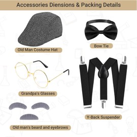 Matiniy Old Man Costume Set for Boys 100 Days of School Costume Accessories with Hat Glasses Eyebrows Beard Suspender Bow Tie for Grandpa Dress Up Accessories (Light Grey)