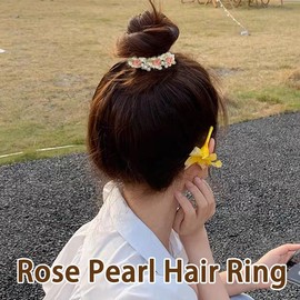 2Pcs Rose Pearl Hair Ties for Women Girls Rose Flower Hair Scrunchies Women Girls Flower Girl Hair Accessory for Bun Ponytail Holders Decorations