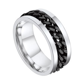 Black Rings for Men Size 14 Large Ring with Chain Stainless Steel Chain Figet Spinner Rig Anxiety Ring