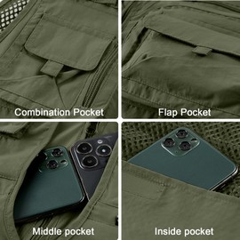 IBIH Mens Outdoor Vest Breathable Quick-Dry Fishing Vest Camping Hiking Lightweight Vest with Multi-Pocket,Green,Small