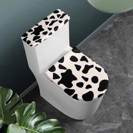 Eheartsgir Cow Hide Print Stretchy Fabric Toilet Lid Cover and Toilet Tank Lid Cover 2-Piece Set, Dust Protection Cover Fit Most Oblong Round Elongated Toilet for Bathroom Decor