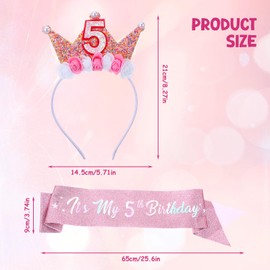 Birthday Crown Headbands for Kids Toddlers Flower Birthday Tiara and Sash Set Pink Glitter Pearl Hair Band Accessories 5 Year Old Girl Birth-day Decorations Gifts