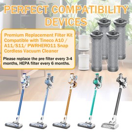 Replacement Filter kit for Tineco A10/A11 Hero, A10/A11 Master Pure ONE S11, PWRHERO11 Snap, for A10 Series, A11 Hero, A11 Series, Pure ONE S11, S11 Series, S12 Pro EX,4 Pre-Filters & 2 HEPA Filters