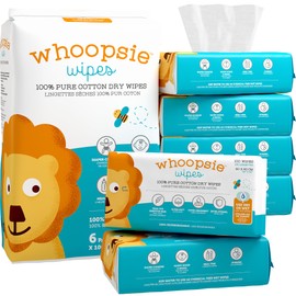 Whoopsie Wipes – The Original 100% Pure Cotton Dry Baby Wipes – Ultra Soft, Unscented, Chemical-Free Wipes for Sensitive Skin – Use Dry or Add Water for Wet Wipes – 6 Packs (600 Count)