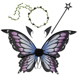 Snycler Fairy Wings for Adults and Girls，Fairy Costume Set with Floral Garland, Fairy Hair Tinsel, Wand & Elf Ears Butterfly Wings – Ideal for Cosplay, Party, Purple