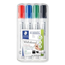 Staedtler Lumocolor marcador para pizarrón blanca, punta biselada, caja de 4 colores surtidos (rojo, azul, verde, negro), 351 WP4