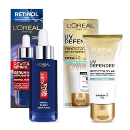 LOréal Paris Kit Sérum de Noche Revitalift Retinol Puro y Protector Solar Diario FPS50 UV Defender Anti-Brillo                                        