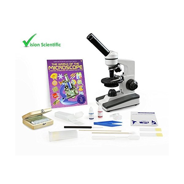 Vision Scientific VME0019-RC-P2 Monocular Microscope, 10x&25x WF eyepiece, 40x-1000x Magnification, Rechargeable Battery, Microscope Book, Microscope Discovery Kit, 25 Prepared Slides Set