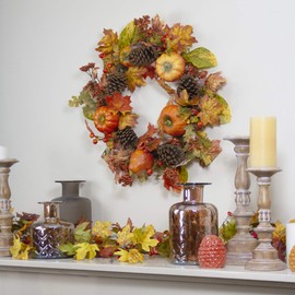 Orange Pumpkins, Pine Cones and Berries Fall Harvest Wreath - 24 inch, Unlit