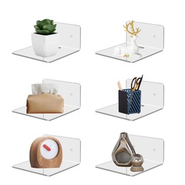 Yowmina 6 Pcs Estantes Flotantes Acrílico de Pared, Repisas Flotantes de Pared de Acrilico Transparentes, Almacenamiento Exhibición Multiusos para Dormitorio, Baño, Cocina, Libros