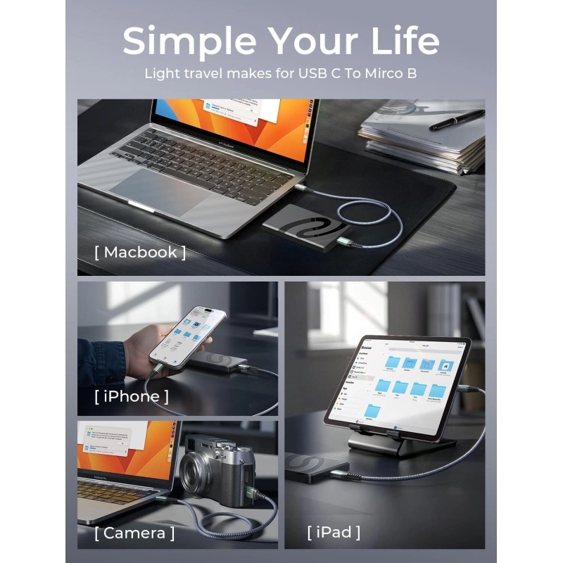 AINOPE USB C to Micro B Nylon Braided External Hard