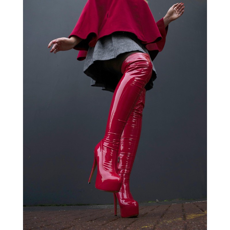 blingqueen Women's Stretch Boots Overknee Boots Platform Stiletto, Lacquer red