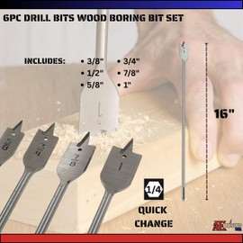 ATE Pro. Tools - 12pc Spade Drill Bit Set, Boring Drill Bits, Paddle Flat Bits for Woodworking, Quick Change, High Carbon Steel, 6" Boring Bits, 16" Spade Boring Bits