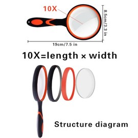 Lupa de Lectura de Gran Aumento de Mano 10X 75 mm Lupas Portátil, Aplicada a Libros de Ciencia Insectos Hobby Observación Premium Mango Suave para Mayores Niños (Ferroso + Naranja)