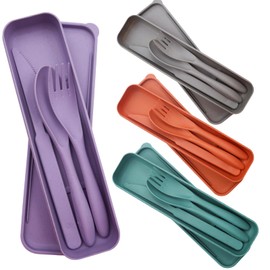 GETRICH Travel Cutlery Set with Case, Reusable Portable Plastic Cutlery, Portable Cutlery Set, Travel Utensils Camping Cutlery for Daily Use Office School Camping Picnic (Green, Orange, Grey, Purple)