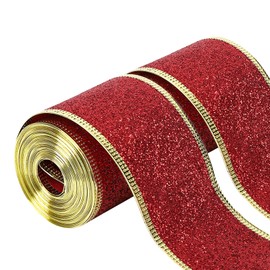 20 Yards Red Glitter Wired Ribbon with Gold Metallic Edge, 2 Inch Christmas Ribbon for Wreath, Tree Decoration, Home Decor (Red, 20 Yard)