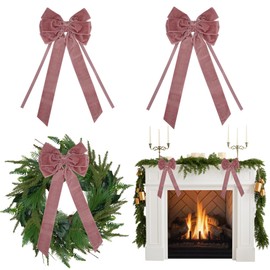 AIMUDI Pink Rosy Velvet Bows 6.5" x 15" Christmas Bows for Gift Wrapping Velvet Bows for Christmas Tree, Holiday Crafts, Wreath, Garland, Staircase, Home Outdoor Winter Christmas Decorations, 2 PCs