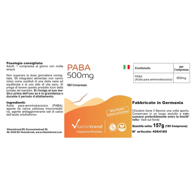 PABA 500 mg - 180 Tablets - For 6 Months