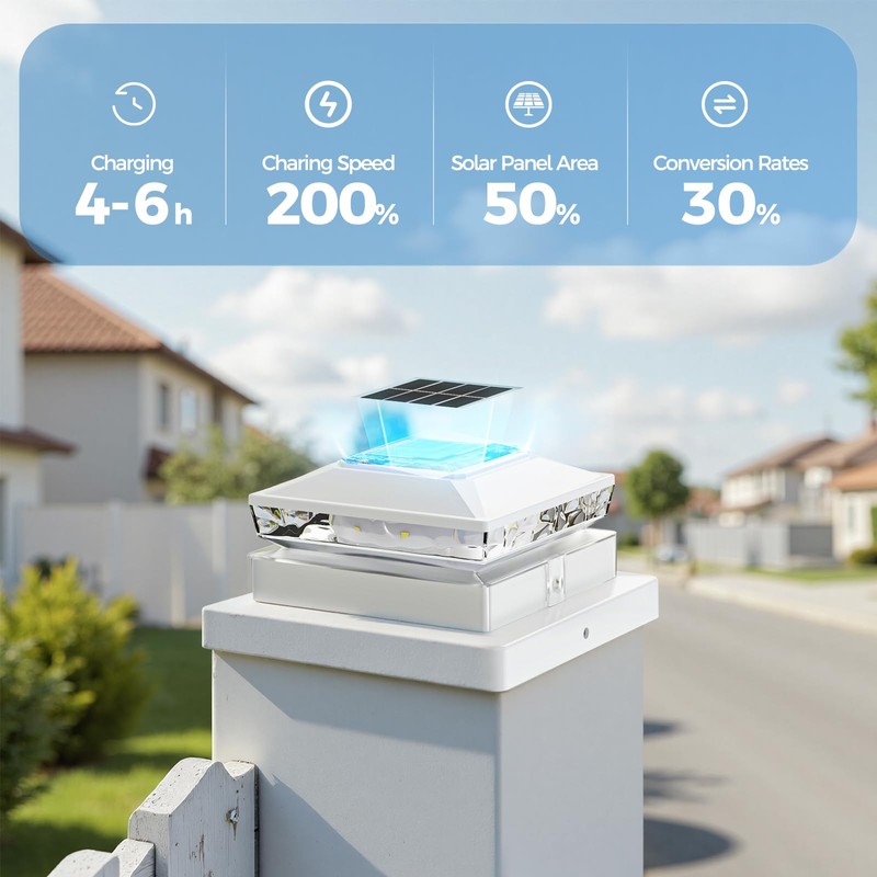 Solar Post Cap Lights, 6500K Cool White IP65 Waterproof Solar