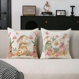 TAJWE Easter Bunny Throw Pillow Covers 18x18 Set of 2 Spring Floral Holiday Farmhouse Cushion Cases Rabbit Decoration for Home Couch