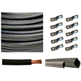 WNI 6 AWG 6 Gauge 20 Feet Black Battery Welding Pure Copper Ultra Flexible Cable + 5pcs of 5/16" & 5pcs 3/8" Copper Cable Lug Terminal Connectors + 3 Feet Heat Shrink Tubing