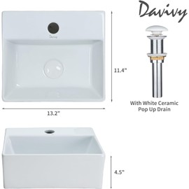 Davivy 13.2" X 11.4'' Wall Mounted Bathroom Sink with Pop Up Drain and Installation Kit,Bathroom Sinks Above Counter,Rectangle Ceramic Vessel Sink,Wall Mounted Vessel Sink for Small Bathroom(Small)