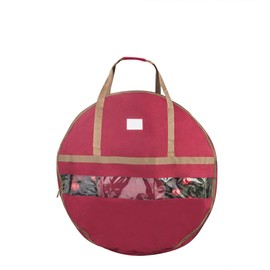 Wreath Storage Container - Canvas Bag with Clear Window and Handles Holds 48-Inch Artificial Wreath with Compartment for Ornaments by Elf Stor (Red)